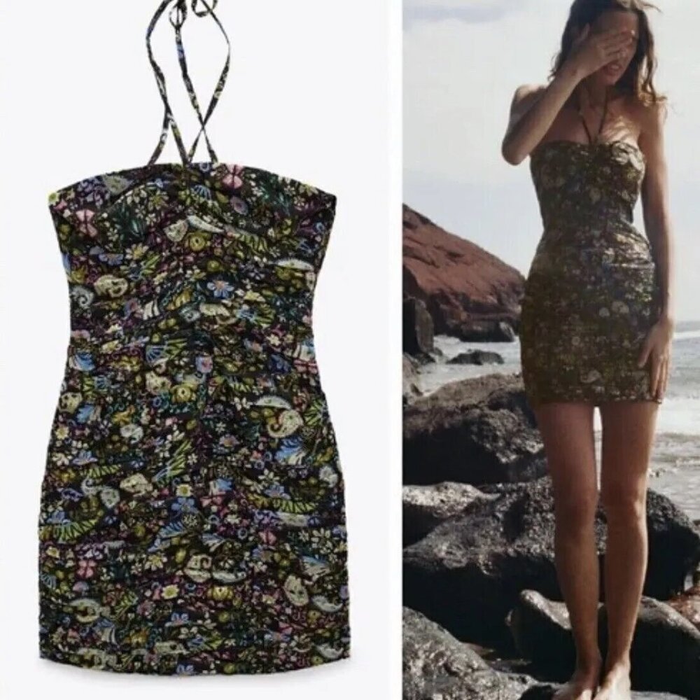 Zara Halter Mini Dress Sweetheart Neckline Multicolour Floral Paisley Size M